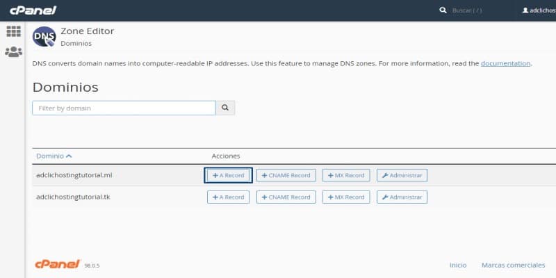 editor de zona dns avanzado cpanel