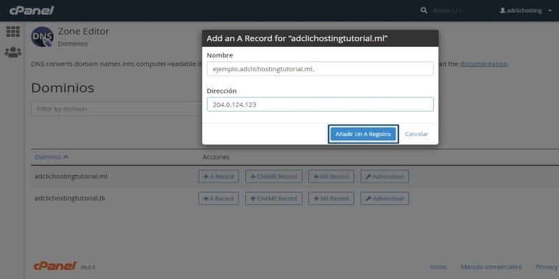 editor de zona dns avanzado cpanel