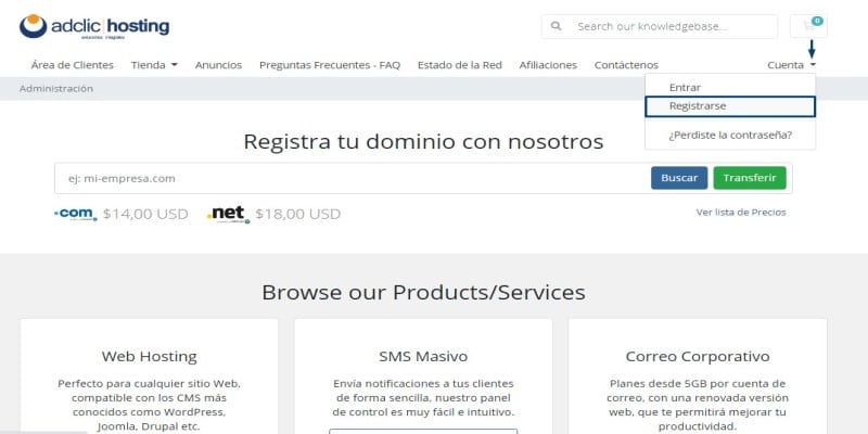 Registrarse en adclichosting
