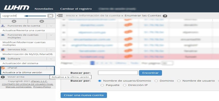 actualizar cpanel whm